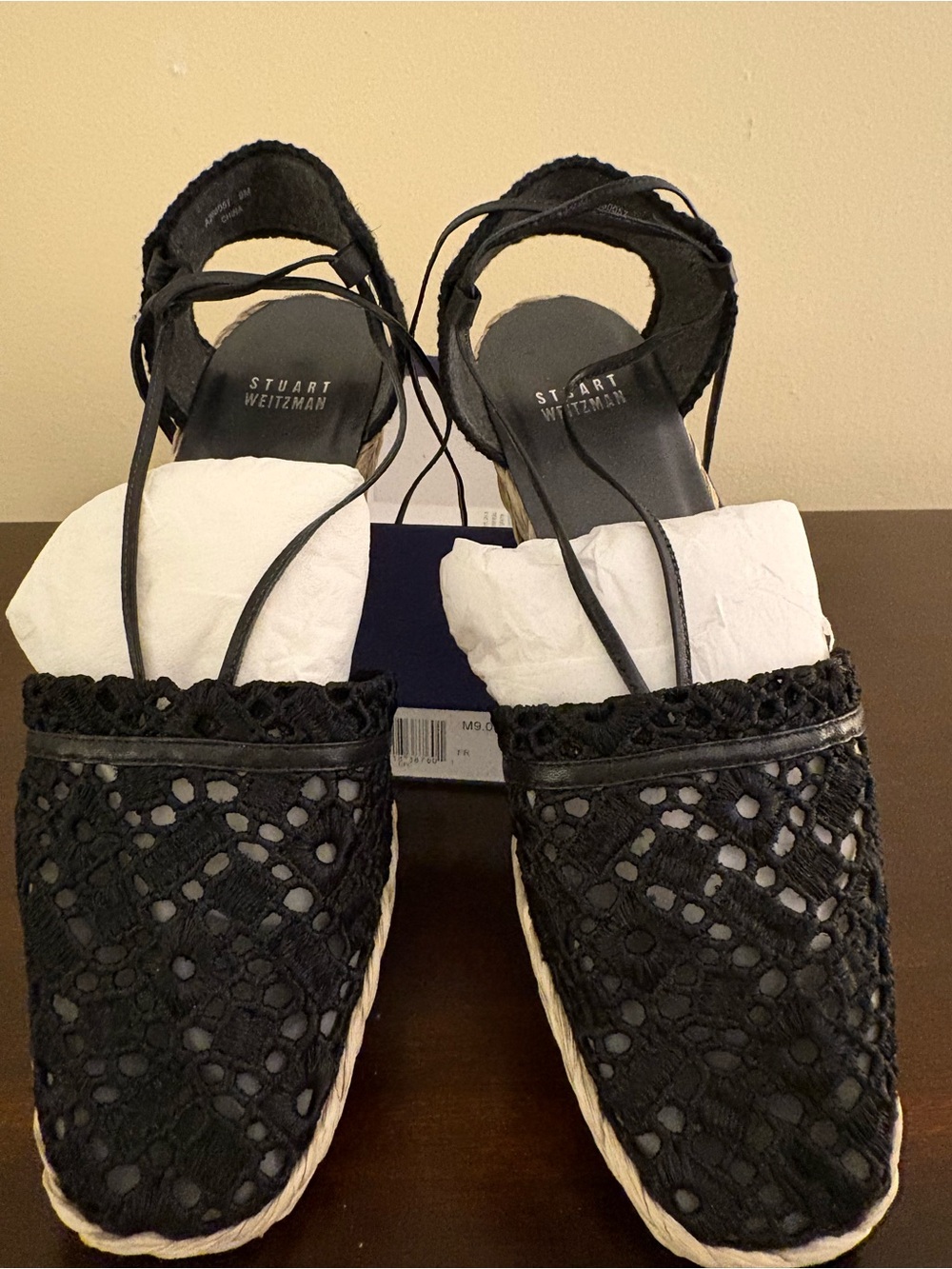 Stuart Weitzman Black Lace Espadrille Wedge Sandals with Ankle Wrap
